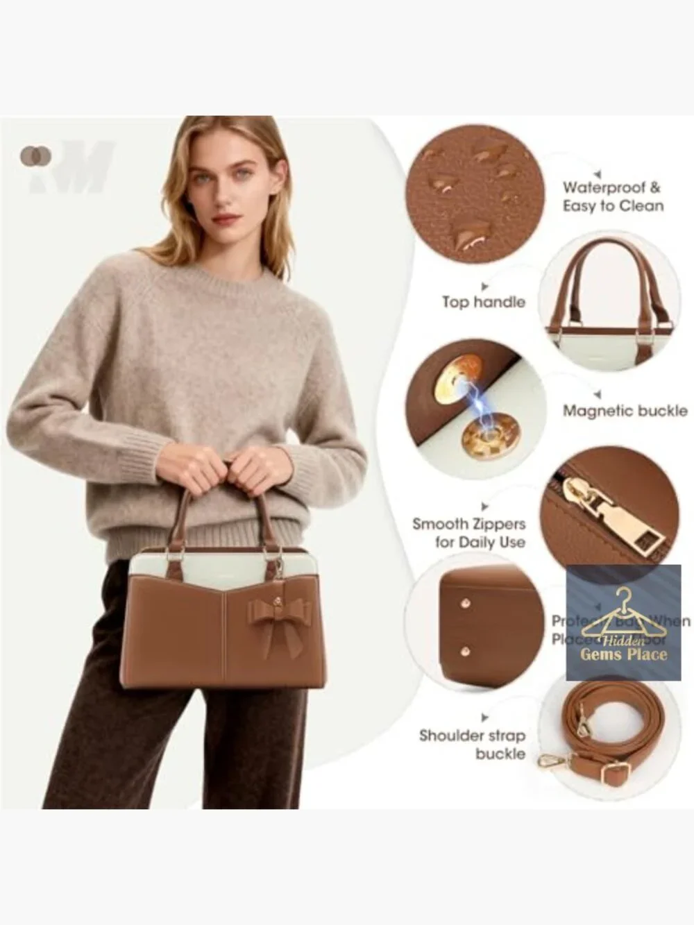 PU Leather Satchel Purse with Bowknot, Fits iPad